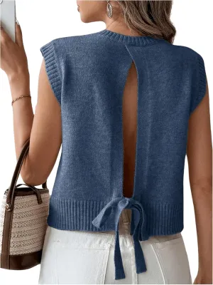 Verdusa Women's Backless Tie Knot Knit Sweater Vest Sleeveless Split Pullover Tank Top