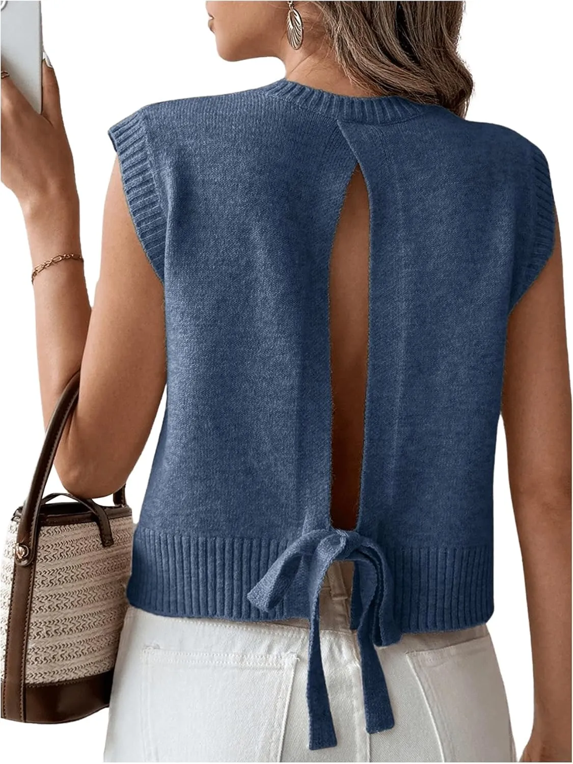 Verdusa Women's Backless Tie Knot Knit Sweater Vest Sleeveless Split Pullover Tank Top
