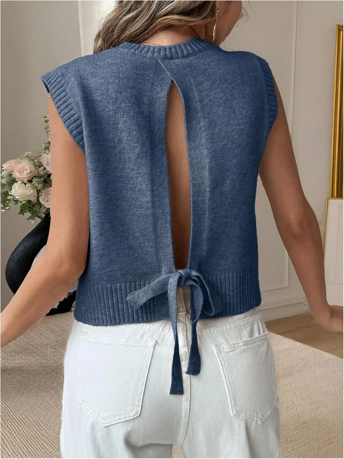 Verdusa Women's Backless Tie Knot Knit Sweater Vest Sleeveless Split Pullover Tank Top