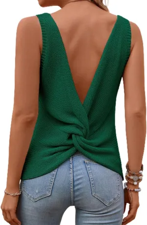 Verdusa Women's Casual Twist Back Sleeveless V Neck Tank Knit Top Vest