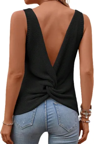 Verdusa Women's Casual Twist Back Sleeveless V Neck Tank Knit Top Vest