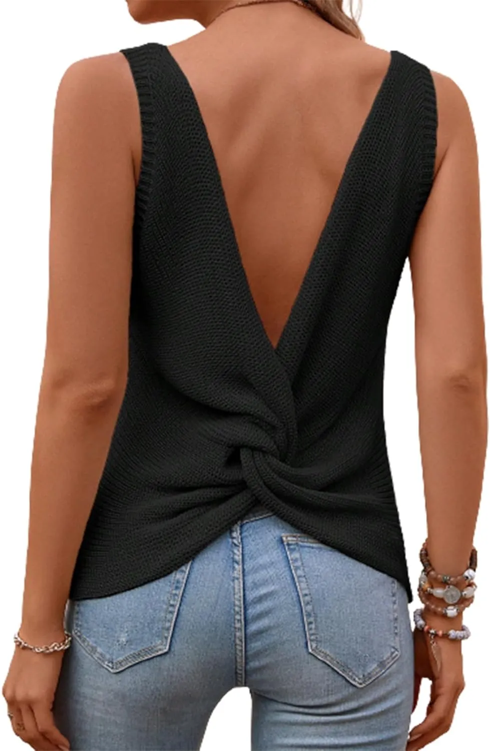 Verdusa Women's Casual Twist Back Sleeveless V Neck Tank Knit Top Vest