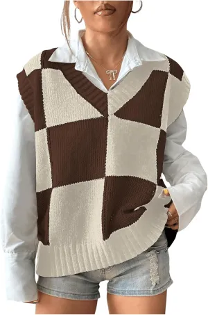 Verdusa Women's Checkered Knit Sweater Vest Loose V Neck Knit Plaid Vest Top