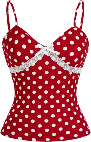 Verdusa Women's Polka Dots Bow Lace Cami Top Sleeveless V Neck Fitted Camisole