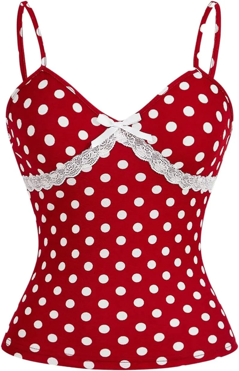 Verdusa Women's Polka Dots Bow Lace Cami Top Sleeveless V Neck Fitted Camisole