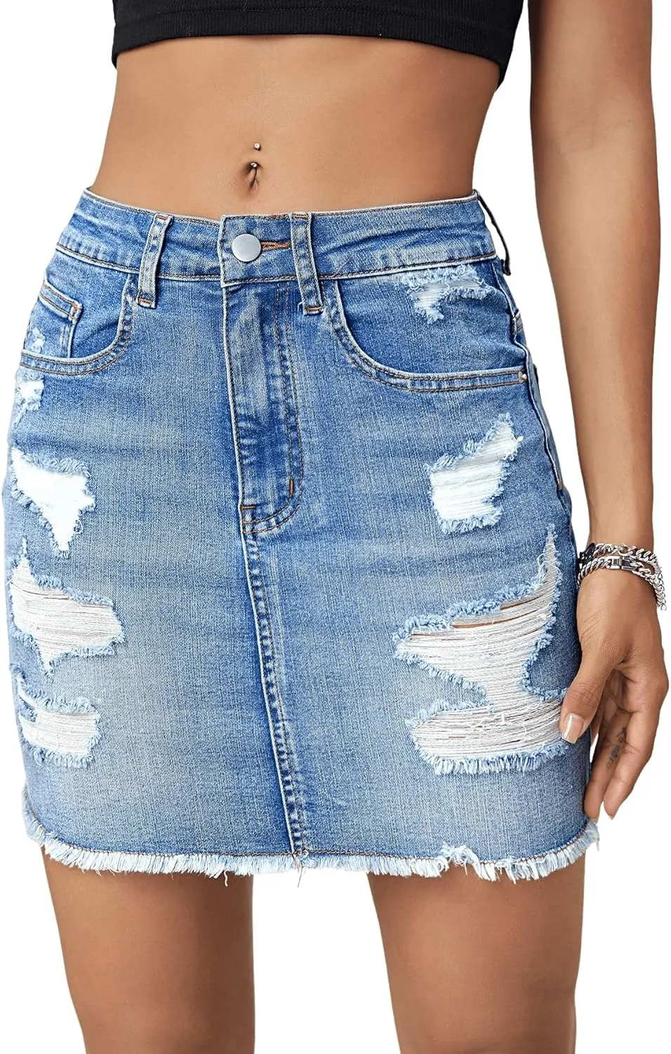 Verdusa Women's Ripped Raw Hem Pencil Bodycon Denim Skirt