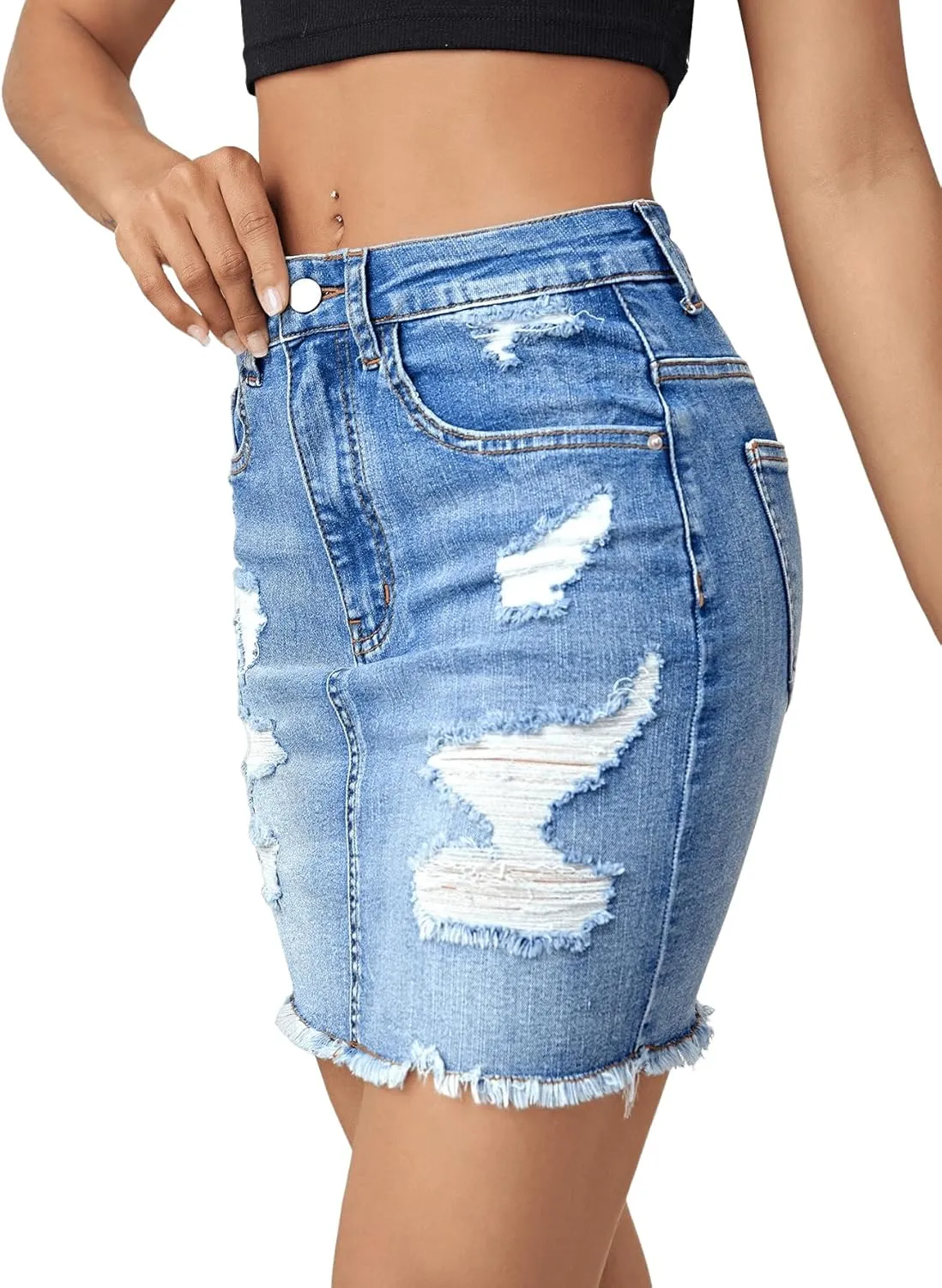 Verdusa Women's Ripped Raw Hem Pencil Bodycon Denim Skirt
