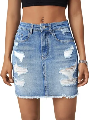 Verdusa Women's Ripped Raw Hem Pencil Bodycon Denim Skirt
