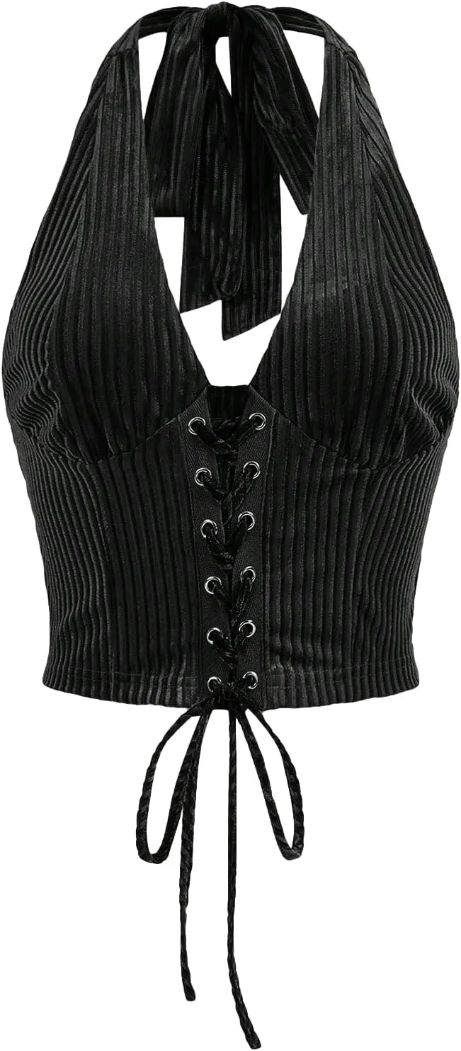 Verdusa Women's Sleeveless Halter Neck Lace Up Front Tie Back Crop Top