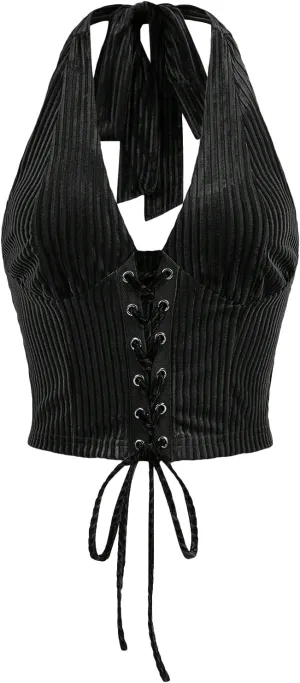 Verdusa Women's Sleeveless Halter Neck Lace Up Front Tie Back Crop Top