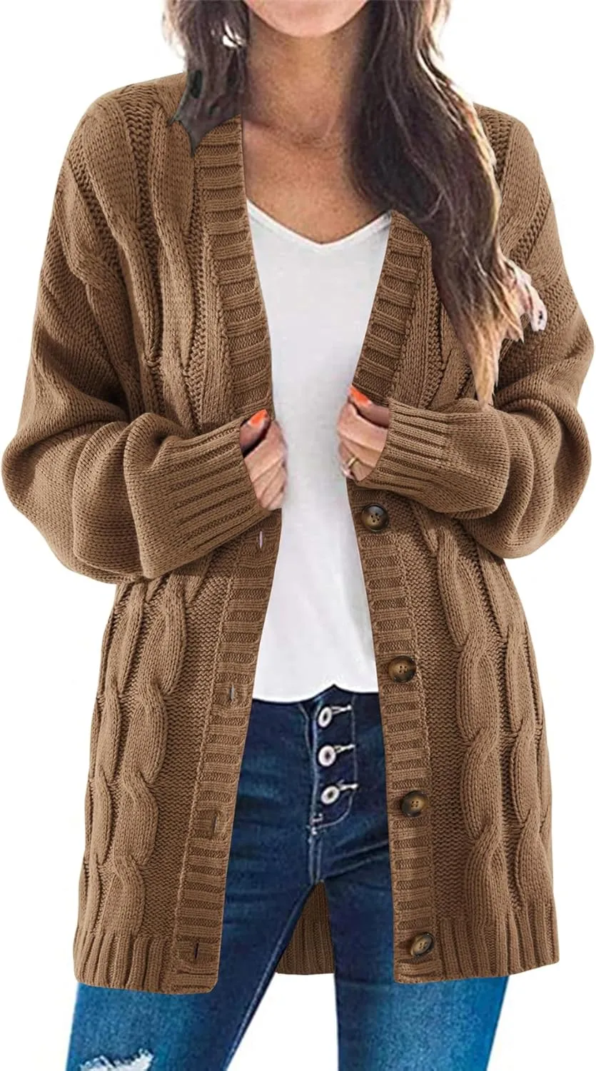 Vrtige Women's Fall Cable Knit Button Long Sleeve Open Front Soft Cardigan Sweater Outerwear