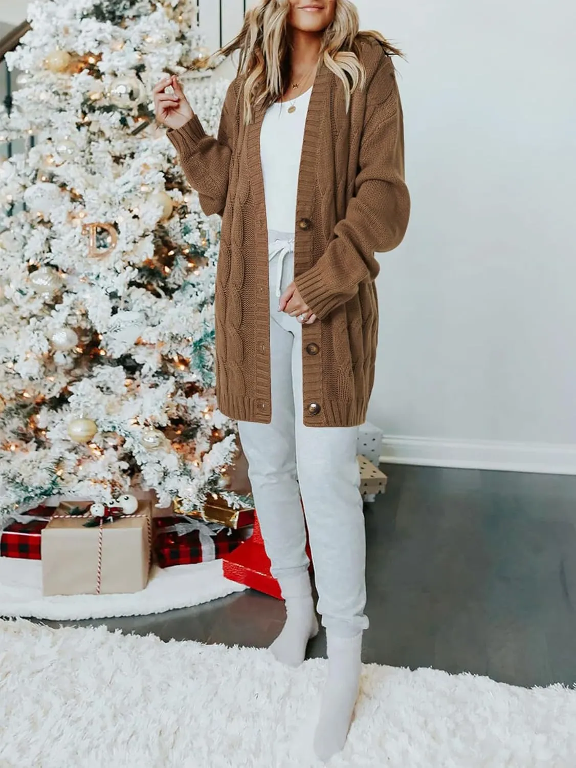 Vrtige Women's Fall Cable Knit Button Long Sleeve Open Front Soft Cardigan Sweater Outerwear
