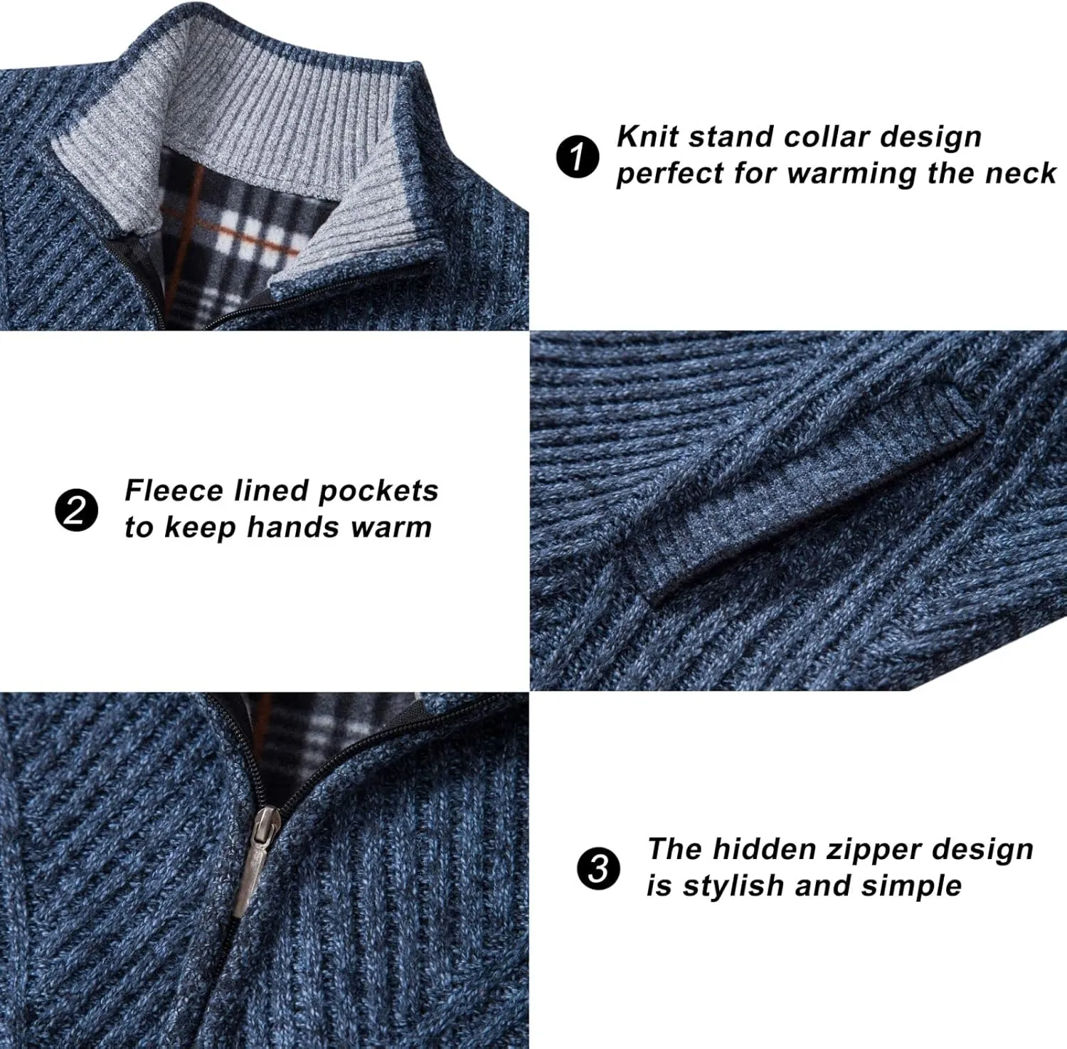 VtuAOL Men's Cardigan Sweaters Full Zip Sweaters Stand Collar Casual Knitted Cardigan with Pockets