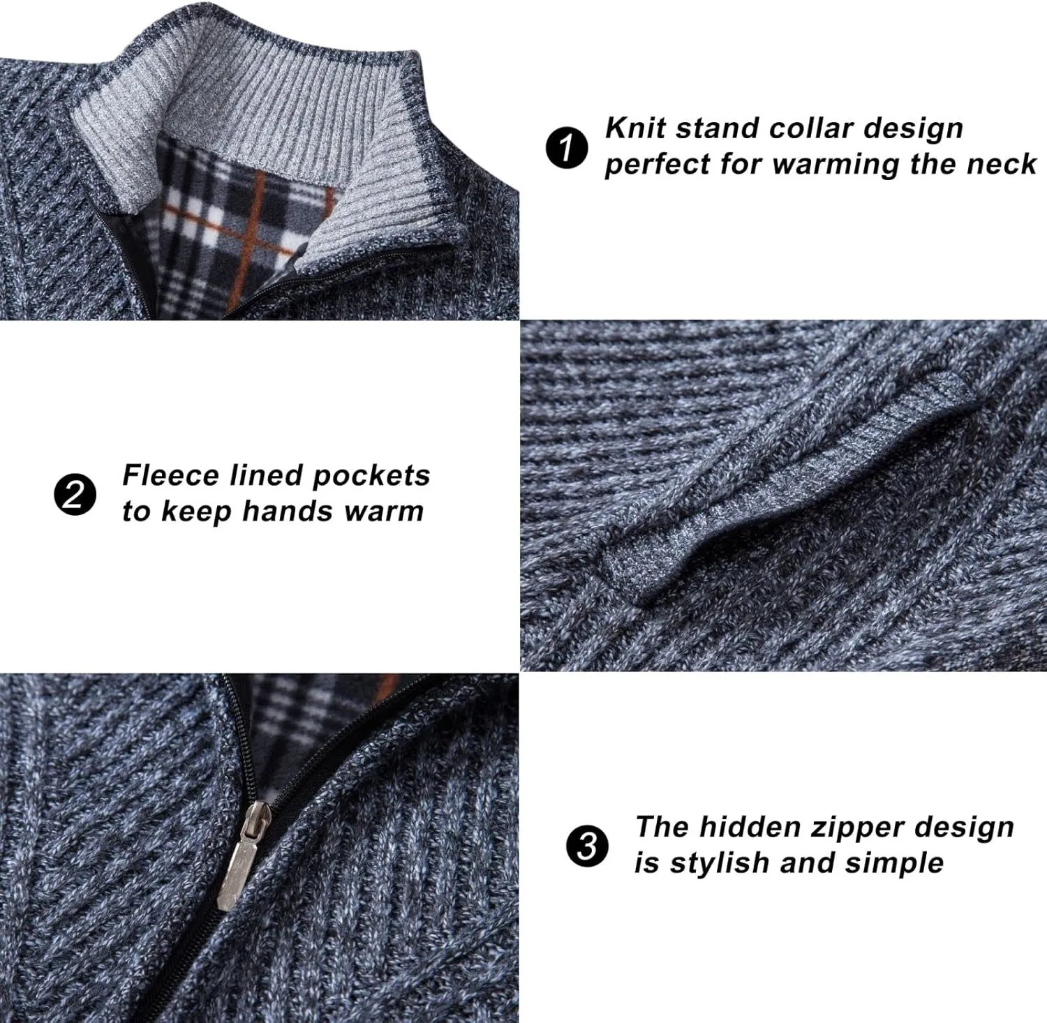 VtuAOL Men's Cardigan Sweaters Full Zip Sweaters Stand Collar Casual Knitted Cardigan with Pockets