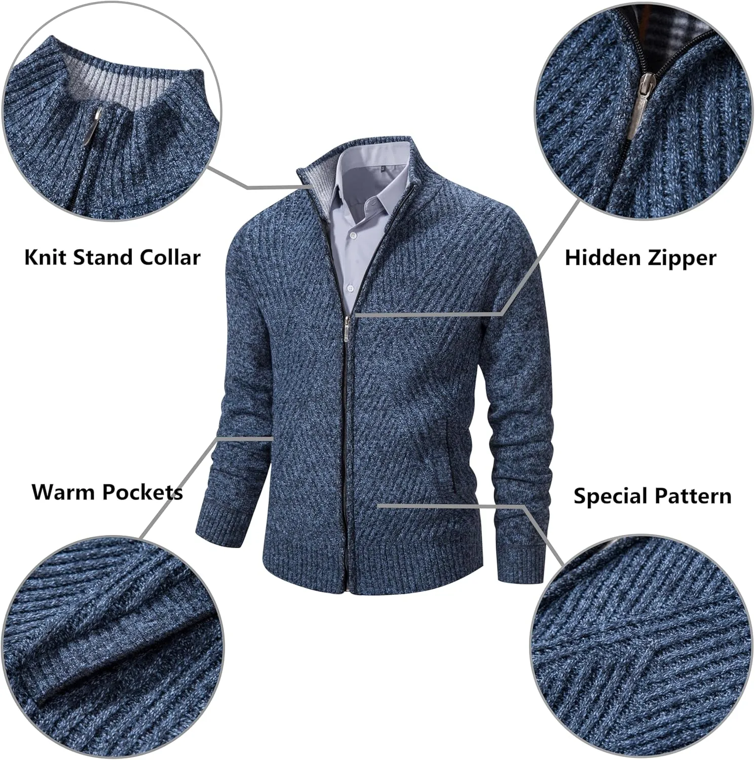 VtuAOL Men's Cardigan Sweaters Full Zip Sweaters Stand Collar Casual Knitted Cardigan with Pockets