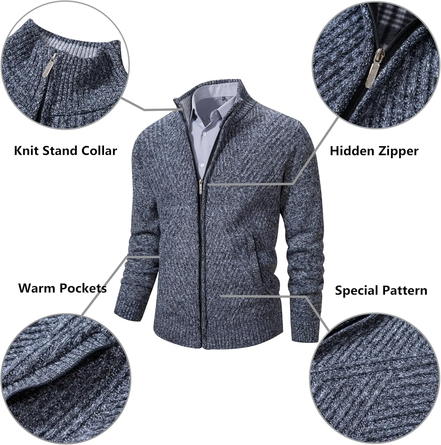 VtuAOL Men's Cardigan Sweaters Full Zip Sweaters Stand Collar Casual Knitted Cardigan with Pockets