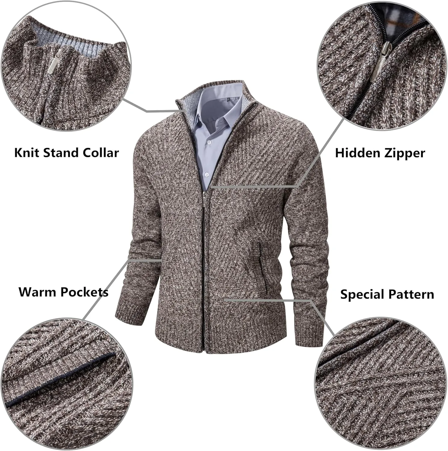 VtuAOL Men's Cardigan Sweaters Full Zip Sweaters Stand Collar Casual Knitted Cardigan with Pockets