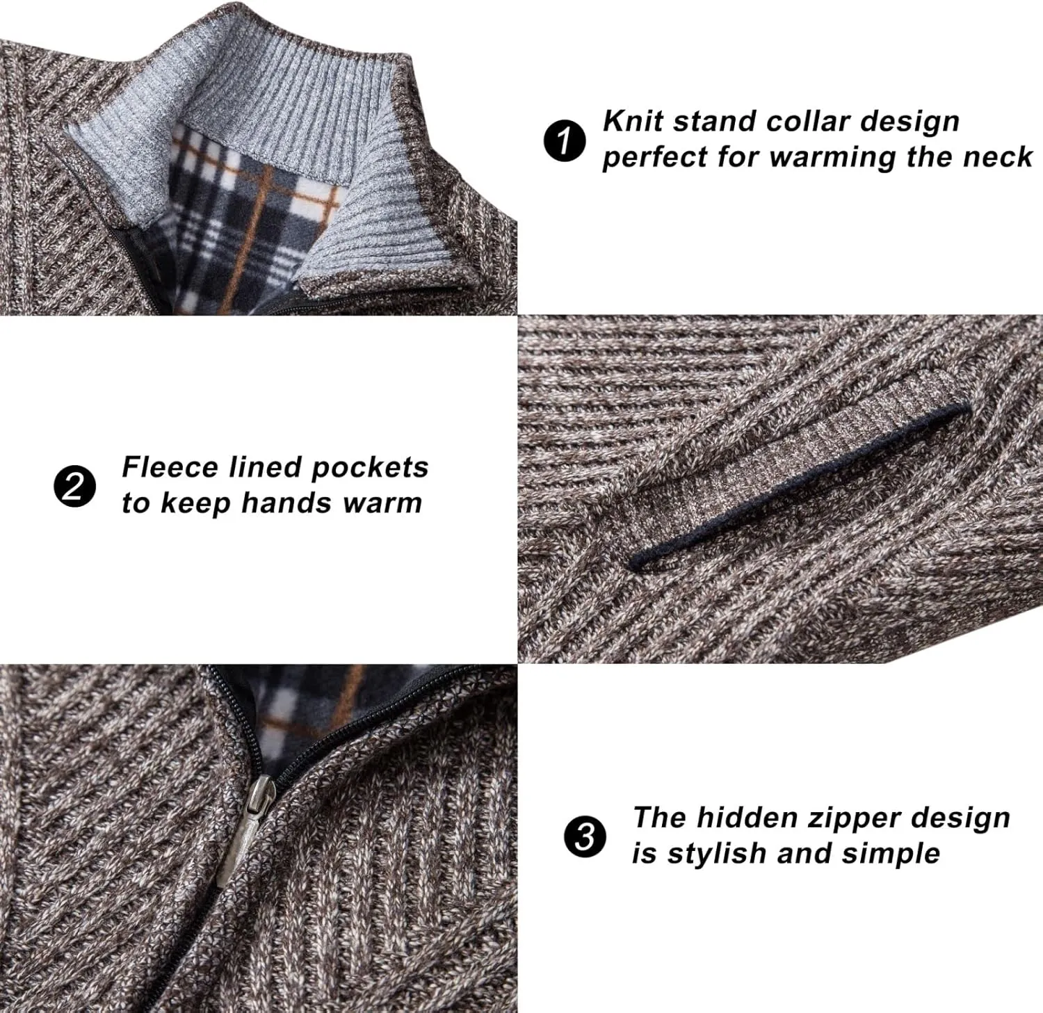 VtuAOL Men's Cardigan Sweaters Full Zip Sweaters Stand Collar Casual Knitted Cardigan with Pockets