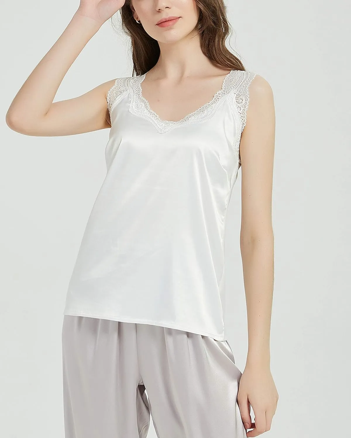 Wantschun Womens Satin Silk Camisole Lace Straps Tank Top Cami V-Neck