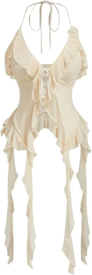 WDIRARA Women's 3D Flower Tie Front Ruffle Trim Halter Top Tie Backless Camisole