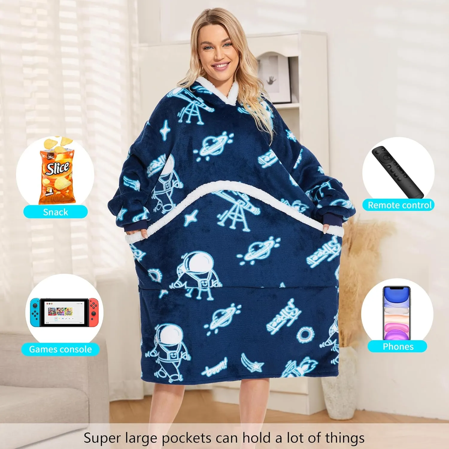 Wearable Blanket Hoodie, Oversized Sherpa Fleece Hooded Blanket Giant Pocket for Adults One Size 2024