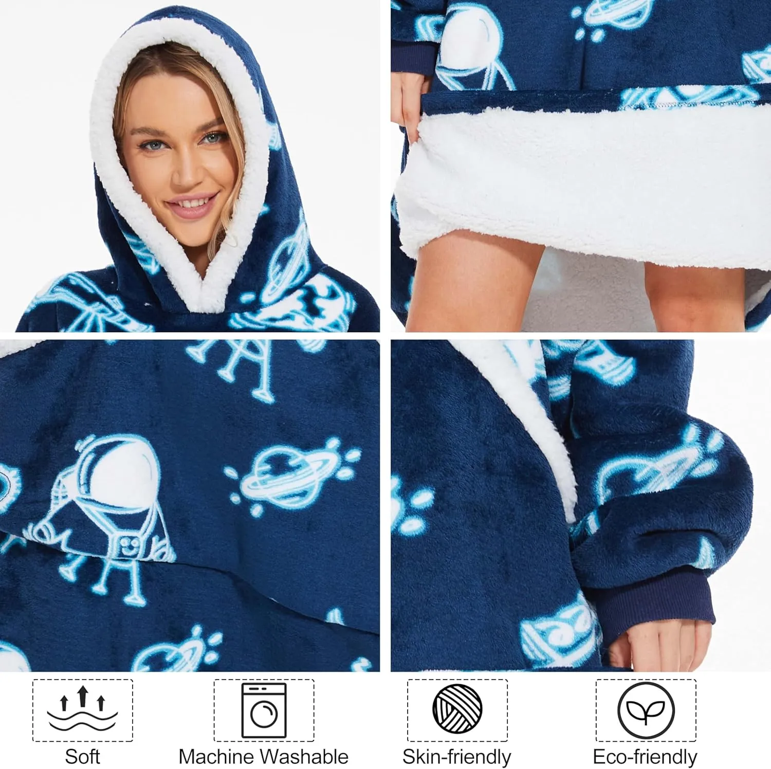 Wearable Blanket Hoodie, Oversized Sherpa Fleece Hooded Blanket Giant Pocket for Adults One Size 2024