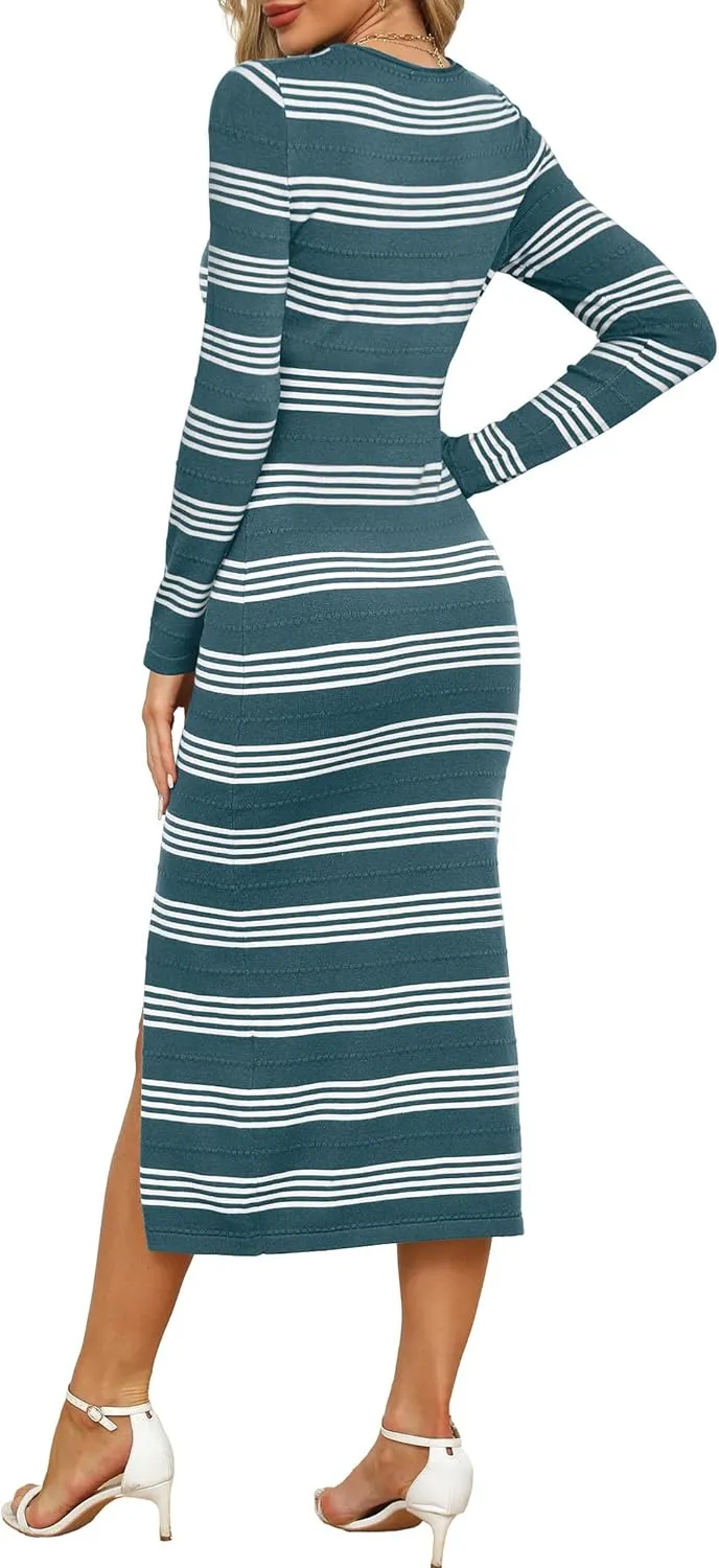 WIHOLL Womens Lightweight Knit Spring Sweater Dress Long Sleeve Fitted Side Slit Soft Dresses 2025