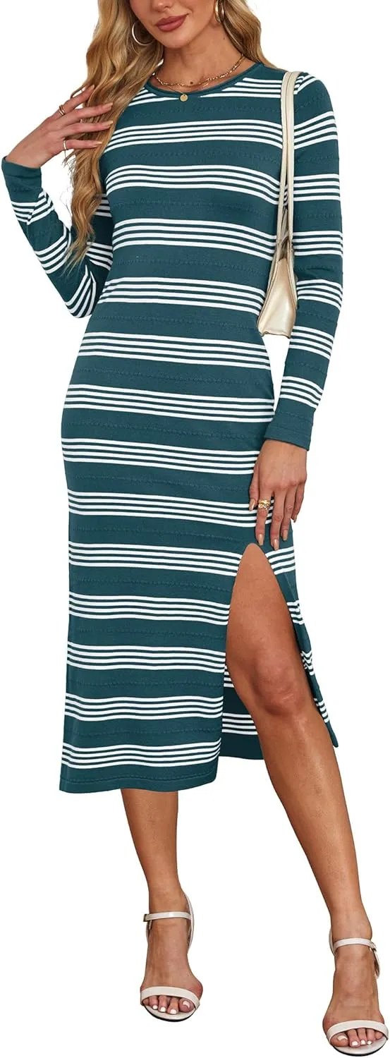 WIHOLL Womens Lightweight Knit Spring Sweater Dress Long Sleeve Fitted Side Slit Soft Dresses 2025