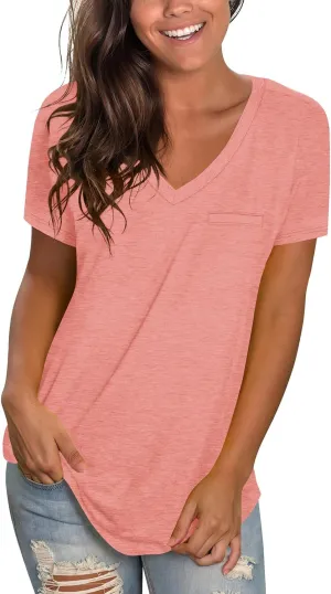 WIHOLL Womens Tops Short Sleeve V Neck Tshirts with Mock Up Pocket Fahion Summer Clothes Loose Fit