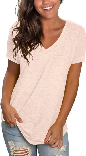 WIHOLL Womens Tops Short Sleeve V Neck Tshirts with Mock Up Pocket Fahion Summer Clothes Loose Fit