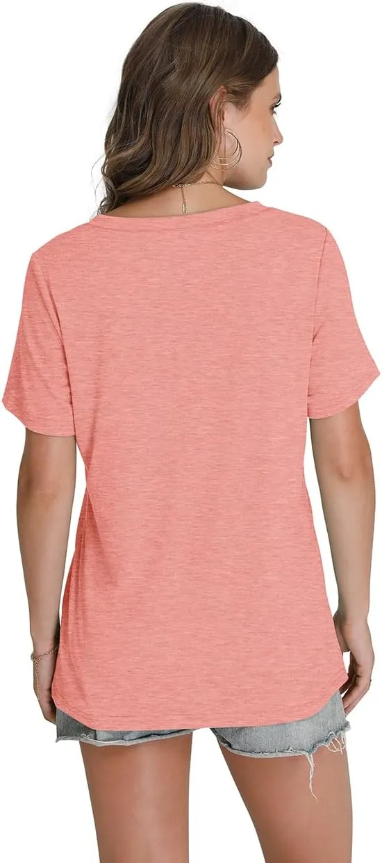 WIHOLL Womens Tops Short Sleeve V Neck Tshirts with Mock Up Pocket Fahion Summer Clothes Loose Fit