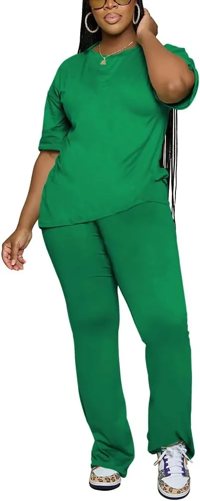 Women 2 Piece Outfits Short Sleeve Top and Flare Pants Lounge Sets Tracksuit