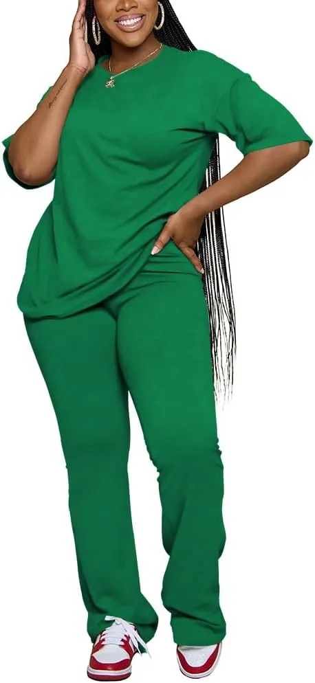 Women 2 Piece Outfits Short Sleeve Top and Flare Pants Lounge Sets Tracksuit