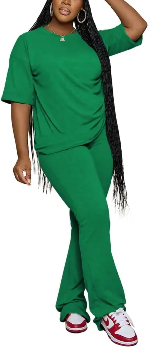 Women 2 Piece Outfits Short Sleeve Top and Flare Pants Lounge Sets Tracksuit