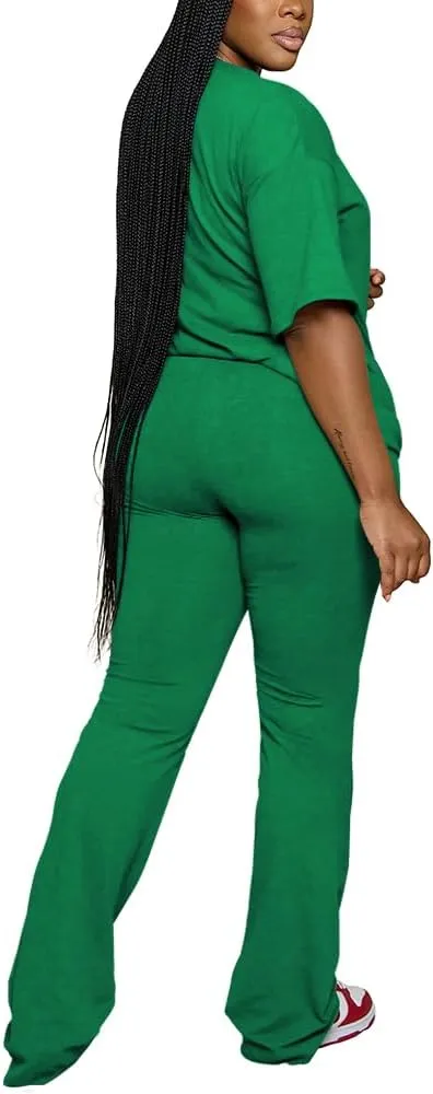 Women 2 Piece Outfits Short Sleeve Top and Flare Pants Lounge Sets Tracksuit