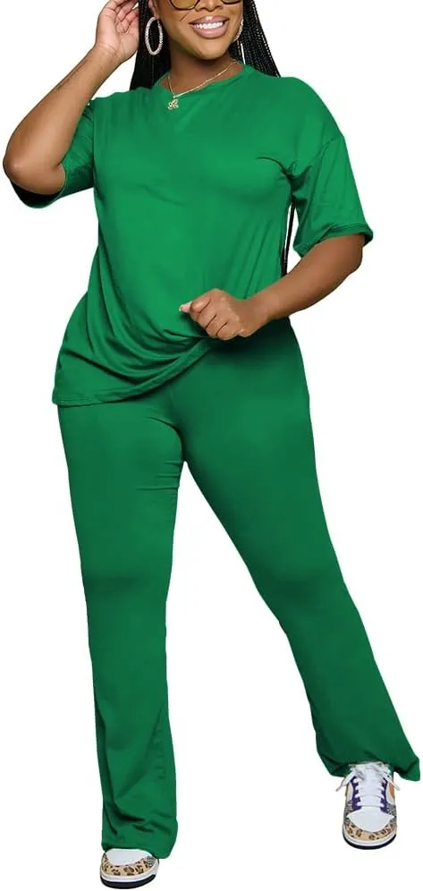 Women 2 Piece Outfits Short Sleeve Top and Flare Pants Lounge Sets Tracksuit