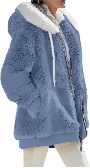 Women 2023 Winter Fuzzy Fleece Coat Plus Size Plush Fluffy Sweatshirt Hoodie with Pockets Parka Loose Blazer Hooded