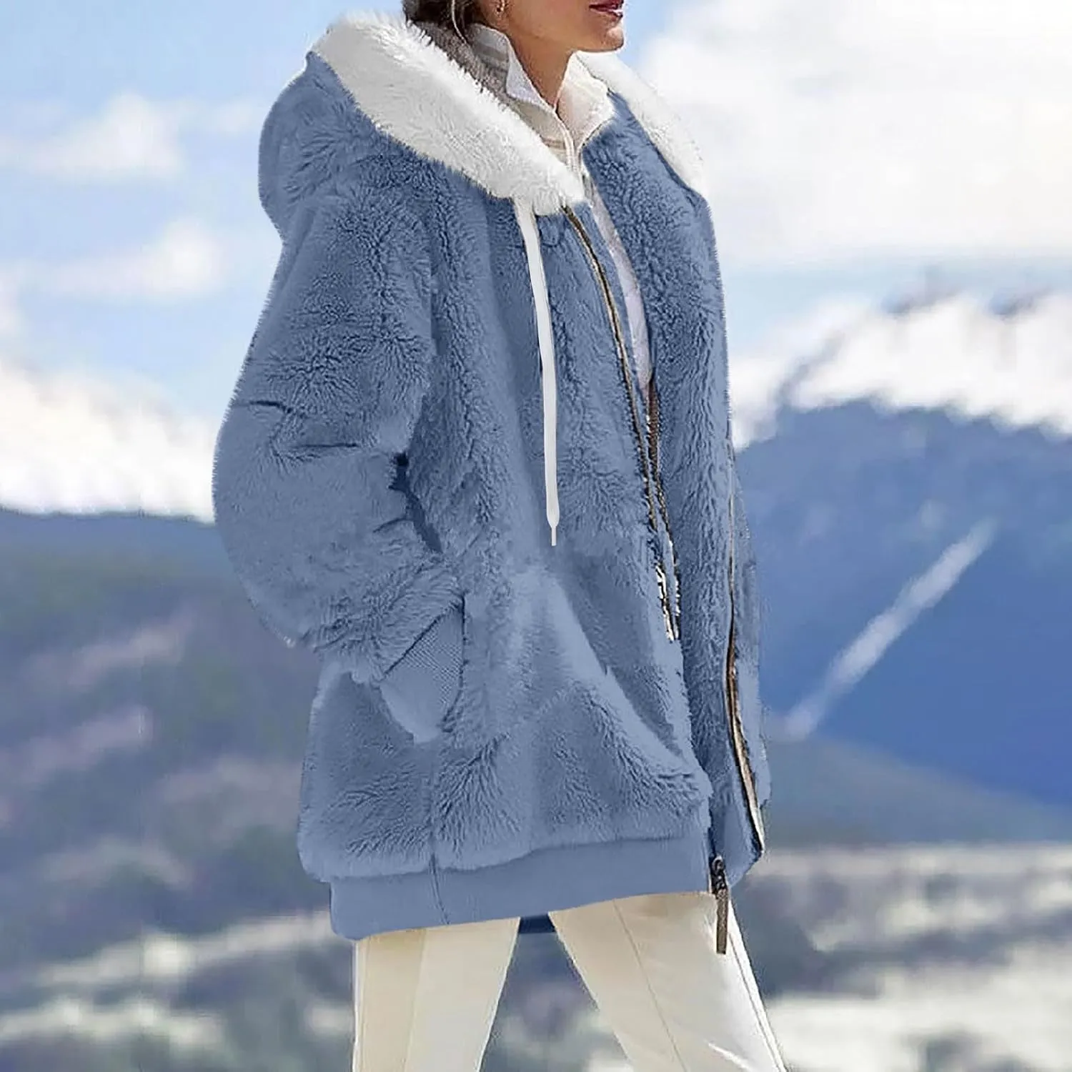 Women 2023 Winter Fuzzy Fleece Coat Plus Size Plush Fluffy Sweatshirt Hoodie with Pockets Parka Loose Blazer Hooded