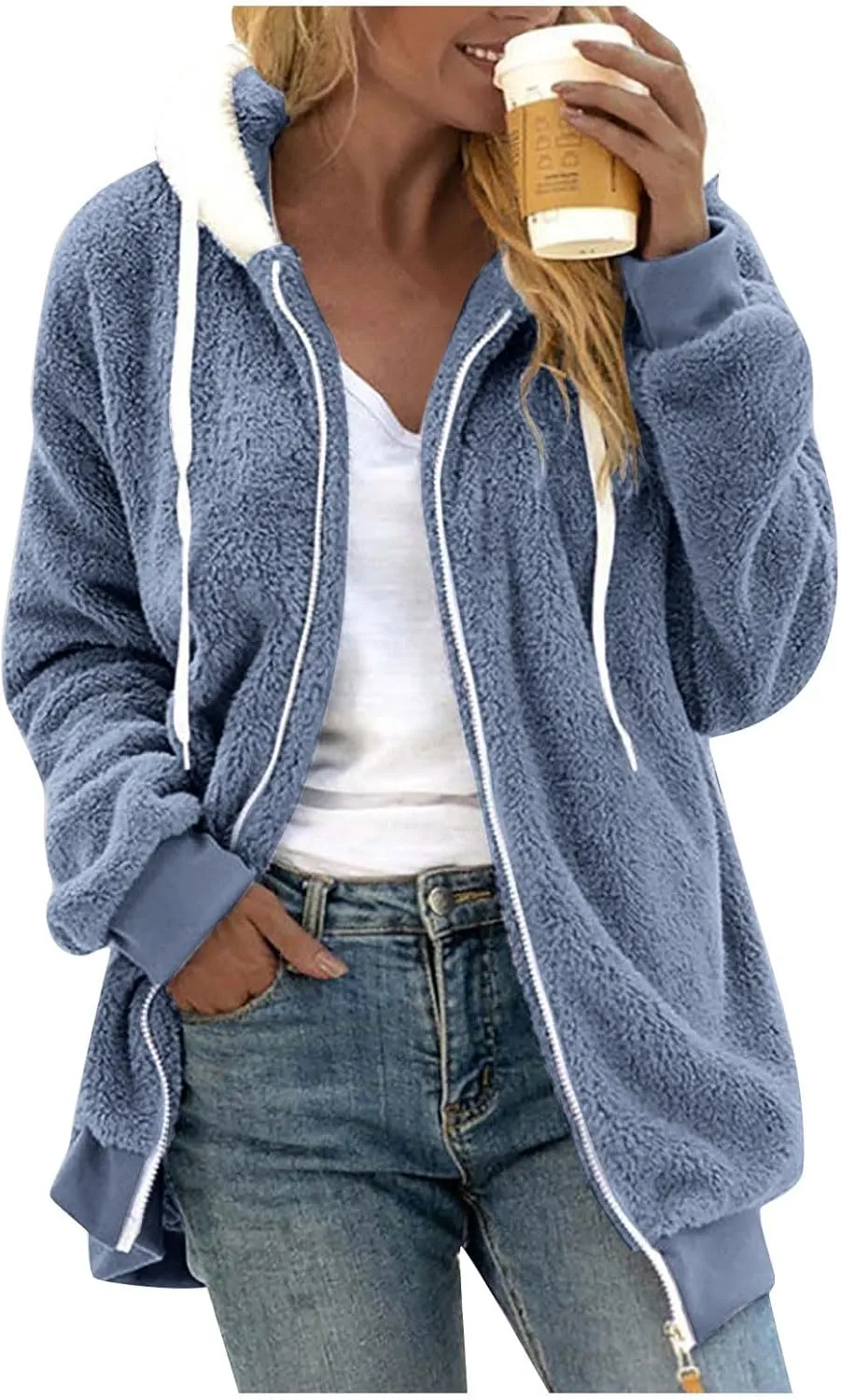 Women 2023 Winter Fuzzy Fleece Coat Plus Size Plush Fluffy Sweatshirt Hoodie with Pockets Parka Loose Blazer Hooded