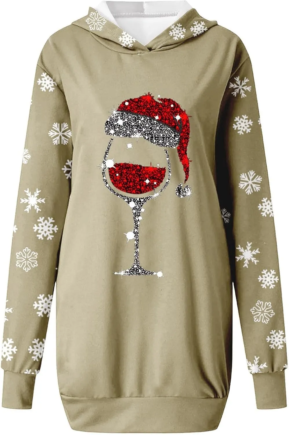 Women 2024 Christmas Hoodies Dress Long Sleeve Red Wine Glass Print Sweatshirt Tunic Oversized Xmas Hooded Party Dress