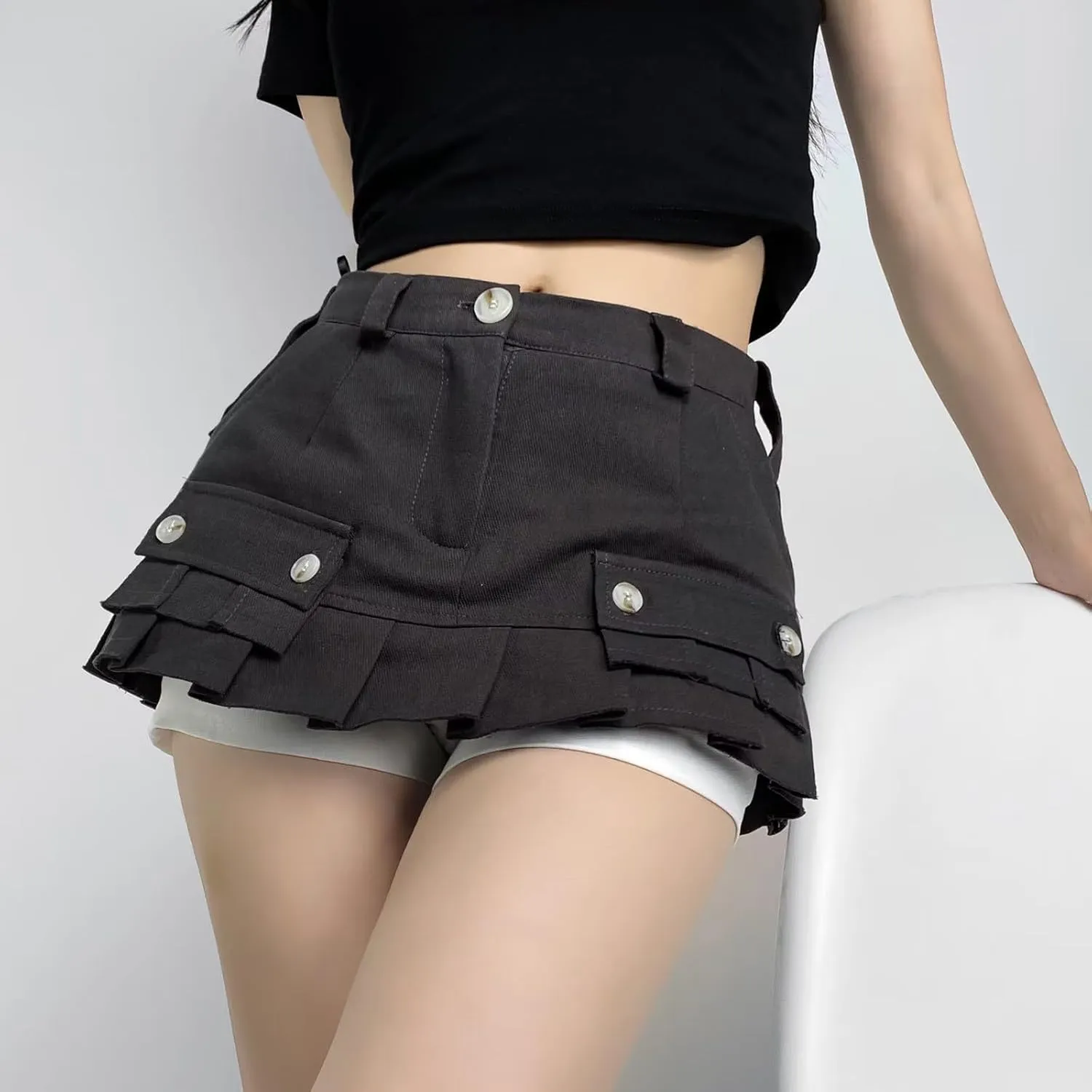 Women A Line Mini Denim Shorts Fashion Summer Casual Solid High Waisted Pleated Ruffle Hem Jean Short Lining Skirt