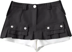 Women A Line Mini Denim Shorts Fashion Summer Casual Solid High Waisted Pleated Ruffle Hem Jean Short Lining Skirt
