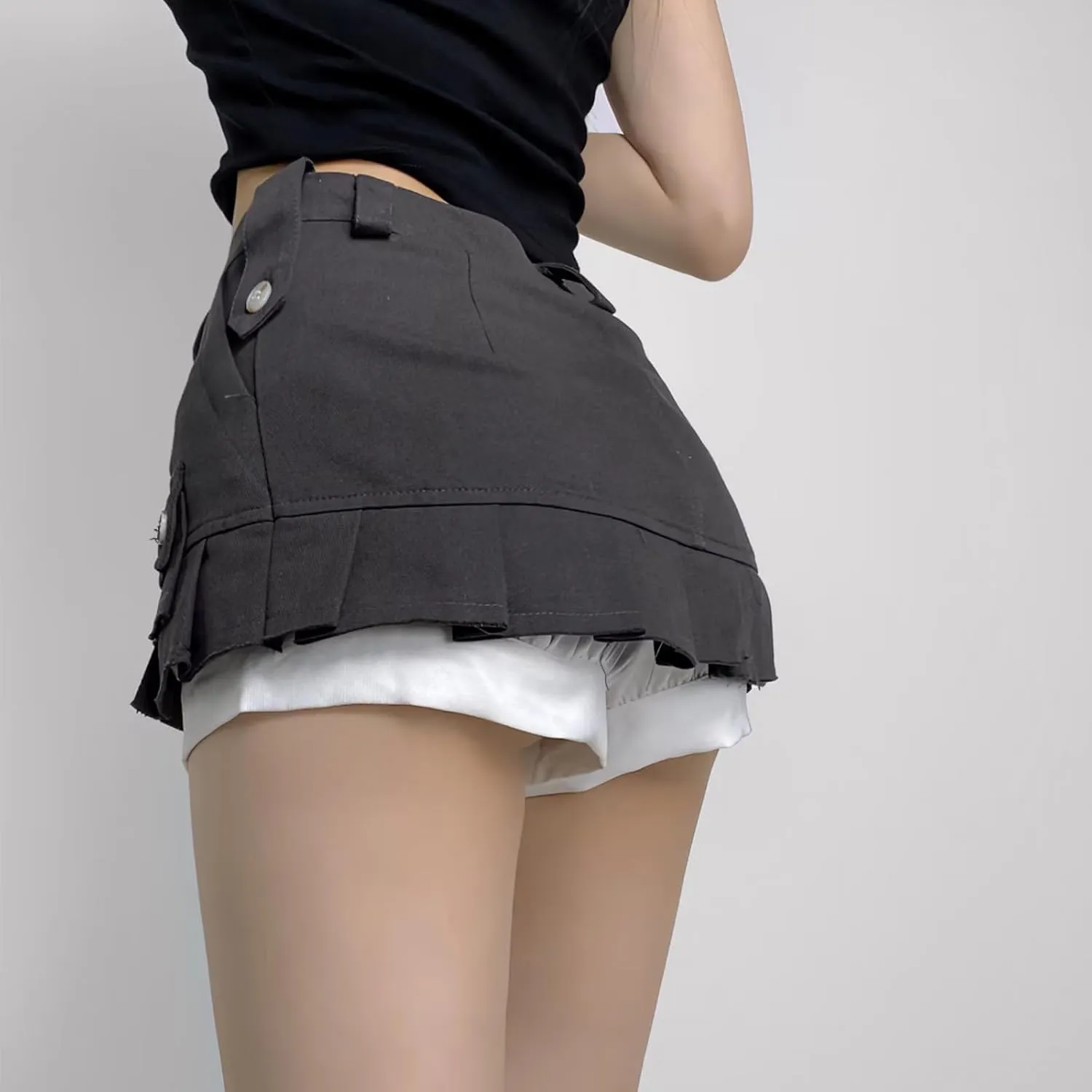 Women A Line Mini Denim Shorts Fashion Summer Casual Solid High Waisted Pleated Ruffle Hem Jean Short Lining Skirt