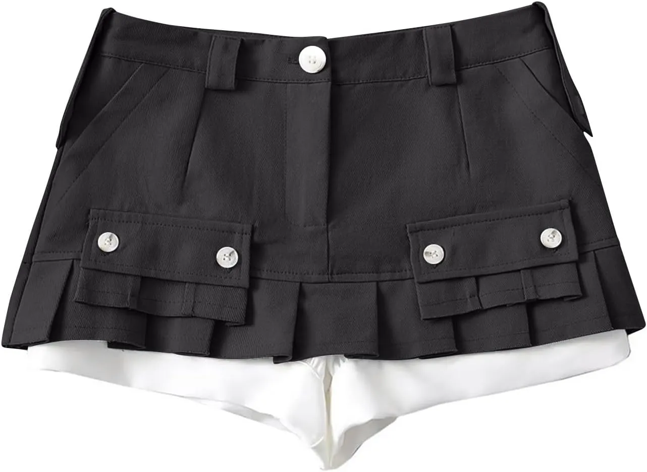 Women A Line Mini Denim Shorts Fashion Summer Casual Solid High Waisted Pleated Ruffle Hem Jean Short Lining Skirt