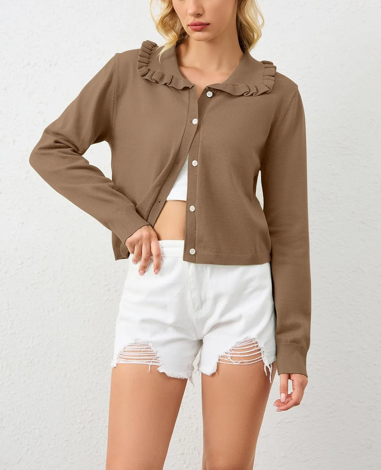 Women Button Dwon Long Sleebe Ruffle Lapel Solid Loose Sweater Cardigan Open Front Knit Cardigans Jacket