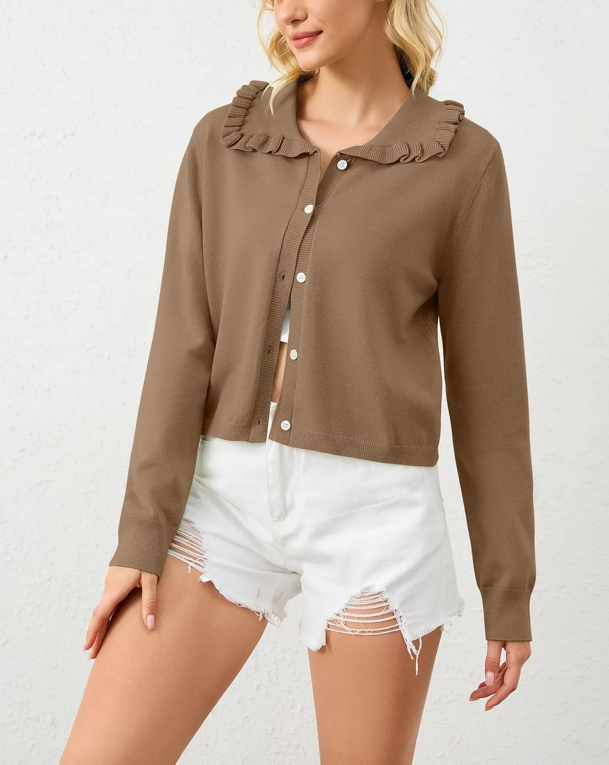 Women Button Dwon Long Sleebe Ruffle Lapel Solid Loose Sweater Cardigan Open Front Knit Cardigans Jacket