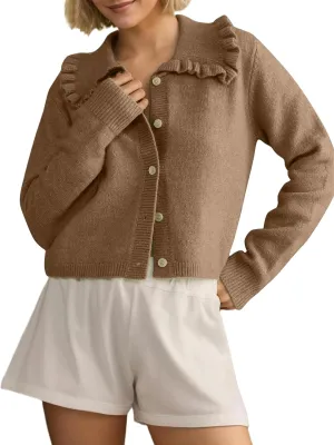 Women Button Dwon Long Sleebe Ruffle Lapel Solid Loose Sweater Cardigan Open Front Knit Cardigans Jacket
