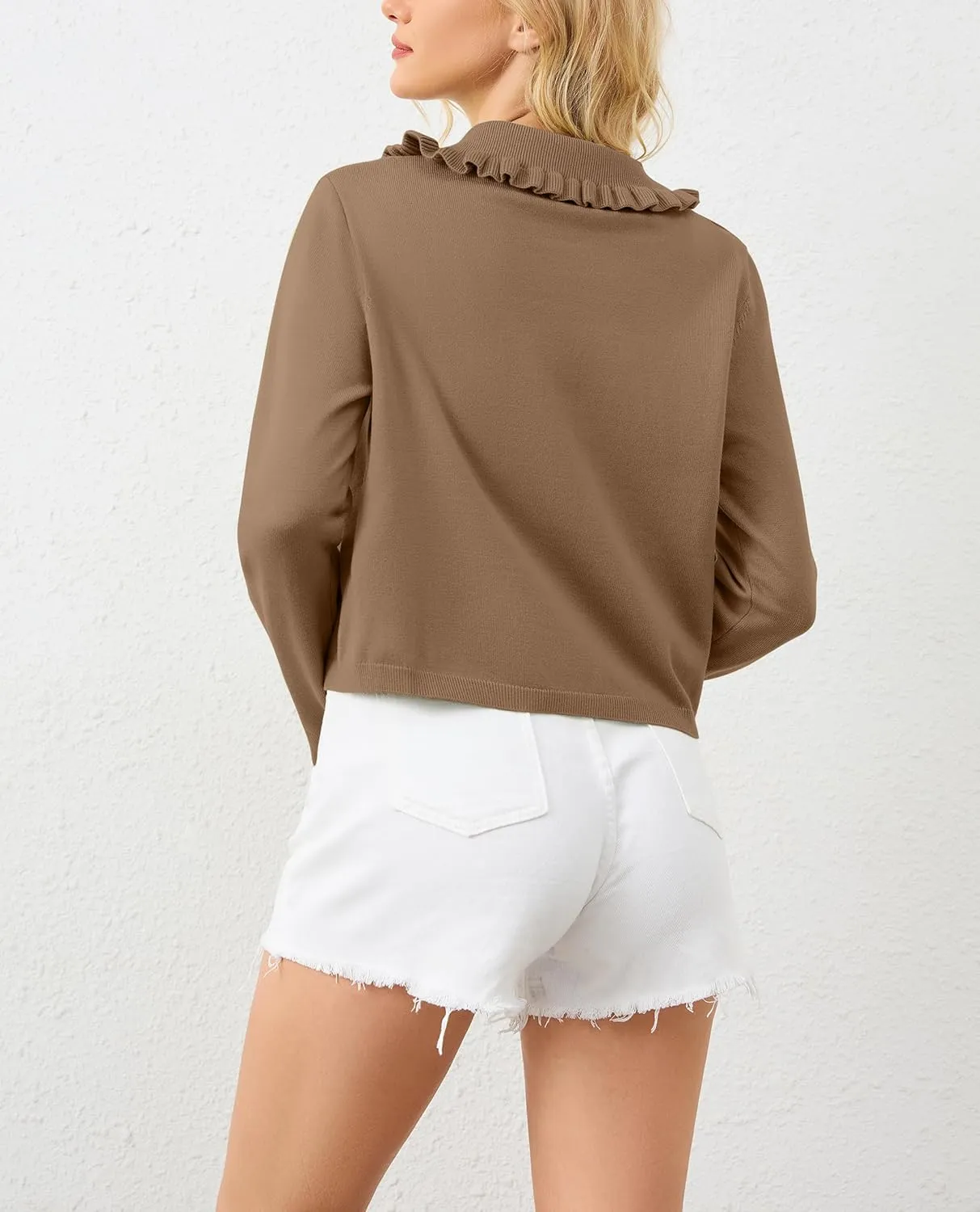 Women Button Dwon Long Sleebe Ruffle Lapel Solid Loose Sweater Cardigan Open Front Knit Cardigans Jacket