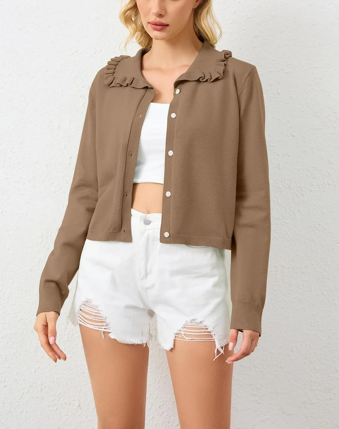 Women Button Dwon Long Sleebe Ruffle Lapel Solid Loose Sweater Cardigan Open Front Knit Cardigans Jacket