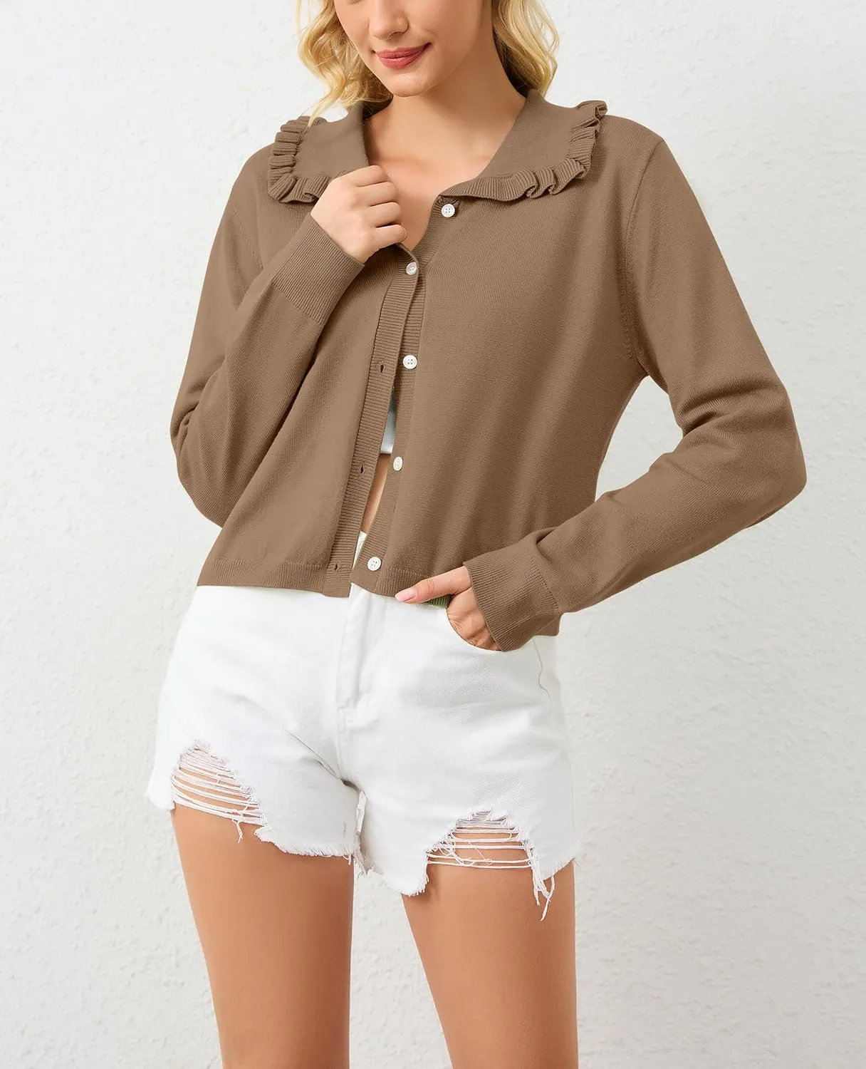 Women Button Dwon Long Sleebe Ruffle Lapel Solid Loose Sweater Cardigan Open Front Knit Cardigans Jacket